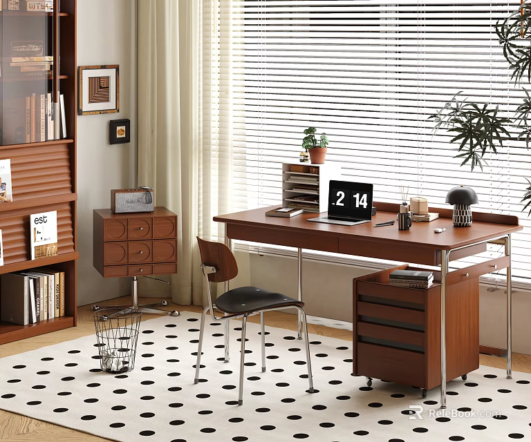 Modern Wooden Desk With Laptop Lamp Chair Bookshelf And Polka Dot Rug 3d model 