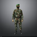 Military Figure In Camouflage Uniform With Green Beret Black Face Mask Standing On Gray Background