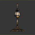 Rustic Antler Shaped Table Lamp With Curved Metal Pole Glass Lantern Shade And Illuminated Base