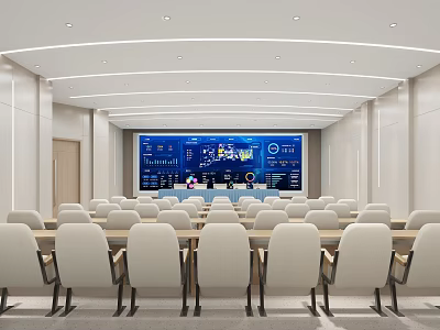 Spacious Modern Conference Room With Large Blue Digital Screen And White Chairs 3d model