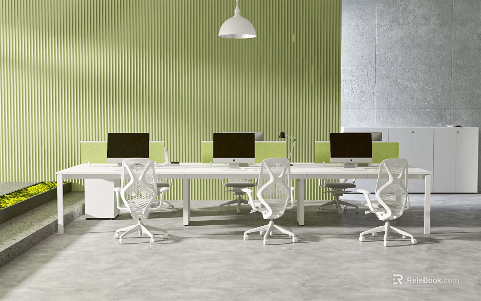Modern Office Desk Setup With Green Striped Wall White Pendant Light And Computers 3d model