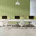 Modern Office Desk Setup With Green Striped Wall White Pendant Light And Computers 3d model