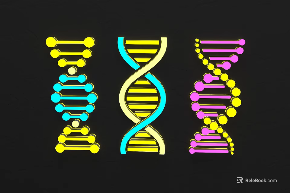 Three Colorful DNA Double Helix Wall Decor Yellow Blue Pink Vibrant Design on Black 3d model 