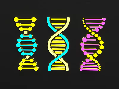 Three Colorful DNA Double Helix Wall Decor Yellow Blue Pink Vibrant Design on Black 3d model