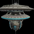Futuristic Floating Spaceship With Multi Level Structure And Blue Glowing Stripes 3d model