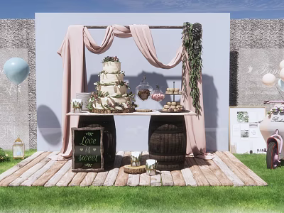 Romantic Outdoor Photo Spot With Pink Drapes Green Vines Three Tiered Cake And Wooden Deck 3d model