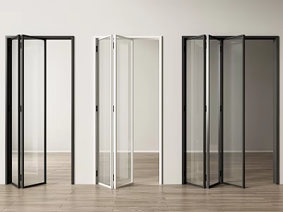 Glass Folding Doors in Black and White with White Walls and Wooden Floor 3d model