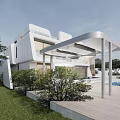 Modern Detached Villa Featuring Glass Facade Pergola Green Lawn And Swimming Pool With Mountain View