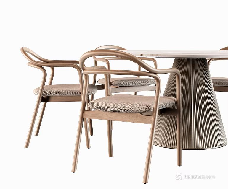 Modern Dining Table Set With Upholstered Chairs And Textured Wooden Legs 3d model 