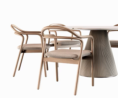Modern Dining Table Set With Upholstered Chairs And Textured Wooden Legs 3d model