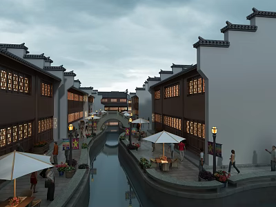Traditional Chinese Commercial Street with Canal Lanterns Shops Pedestrian Walkway and Flower Decorations 3d model