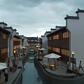 Traditional Chinese Commercial Street with Canal Lanterns Shops Pedestrian Walkway and Flower Decorations