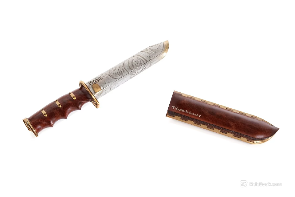Engraved Blade Knife With Brown Wooden Handle And Decorative Sheath 3d model 