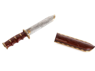 Engraved Blade Knife With Brown Wooden Handle And Decorative Sheath 3d model