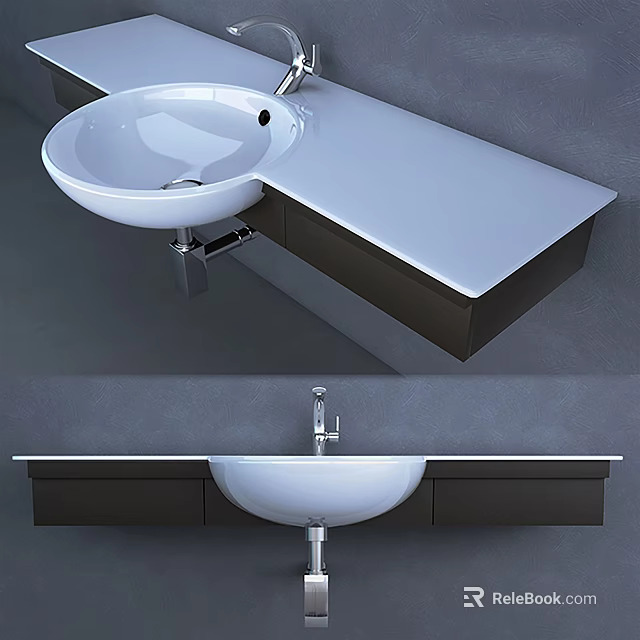 Modern Wall Mounted Washbasin With White Countertop Chrome Faucet And Under Cabinet 3d model 