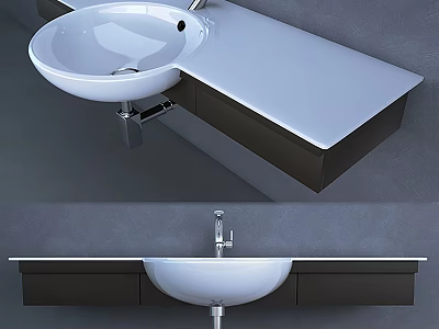 Modern Wall Mounted Washbasin With White Countertop Chrome Faucet And Under Cabinet 3d model