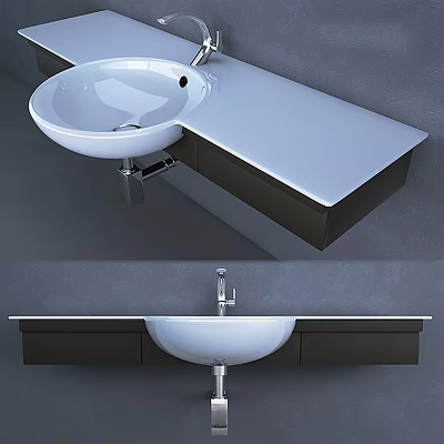 Modern Wall Mounted Washbasin With White Countertop Chrome Faucet And Under Cabinet 3d model