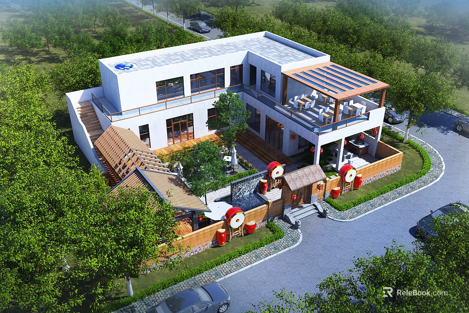 Modern Detached Villa Exterior With Courtyard Greenery And Car In Tree Surrounded Area 3d model 