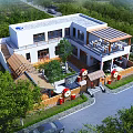 Modern Detached Villa Exterior With Courtyard Greenery And Car In Tree Surrounded Area