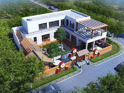 Modern Detached Villa Exterior With Courtyard Greenery And Car In Tree Surrounded Area 3d model