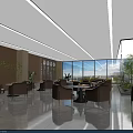 Modern Lounge Area with Glass Partitions Wooden Walls Sofas Round Tables Greenery and Decorative Paintings