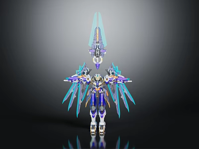 Mechanical Robot Character With Winged Design Blue Purple Armor And Weapon Details 3d model