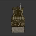 Medieval Timber Framed House Model With Brown Roof Blue Windows Small Staircase And Wooden Barrel