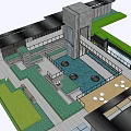 Modern Feature Wall in Courtyard with Greenery Stone Pathway and People Walking