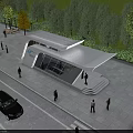 Modern Streamlined Building With Glass Facade Parked Car And Pedestrians
