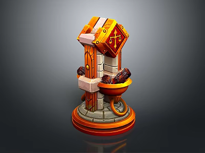 Decorative Fantasy Style Stool With Orange Yellow Stone Base And Cross Symbol And Scroll Details 3d model