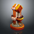 Decorative Fantasy Style Stool With Orange Yellow Stone Base And Cross Symbol And Scroll Details