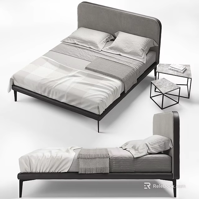 Modern Double Bed With Neutral Bedding Side Table And Geometric Stool 3d model 