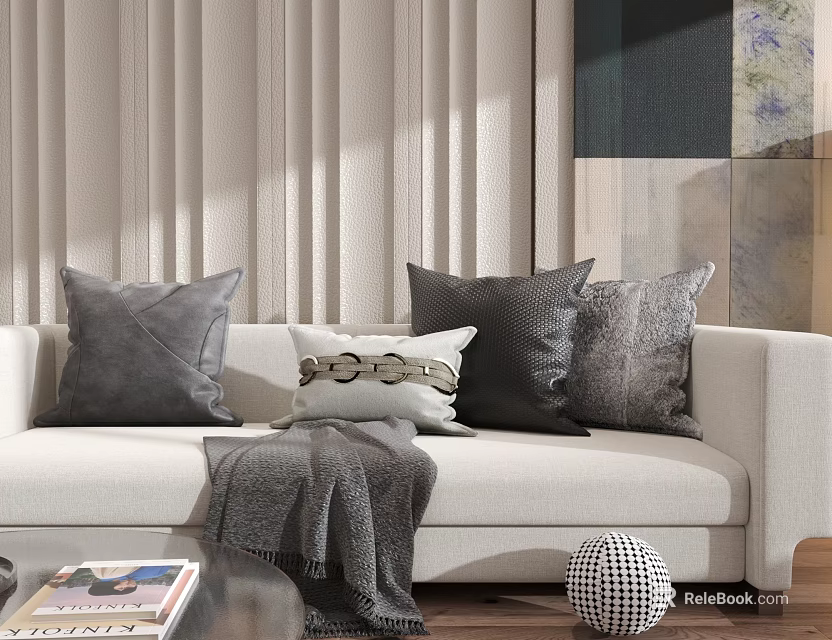 Modern Textured Gray Black And White Decorative Pillows On Sofa Living Room 3d model 