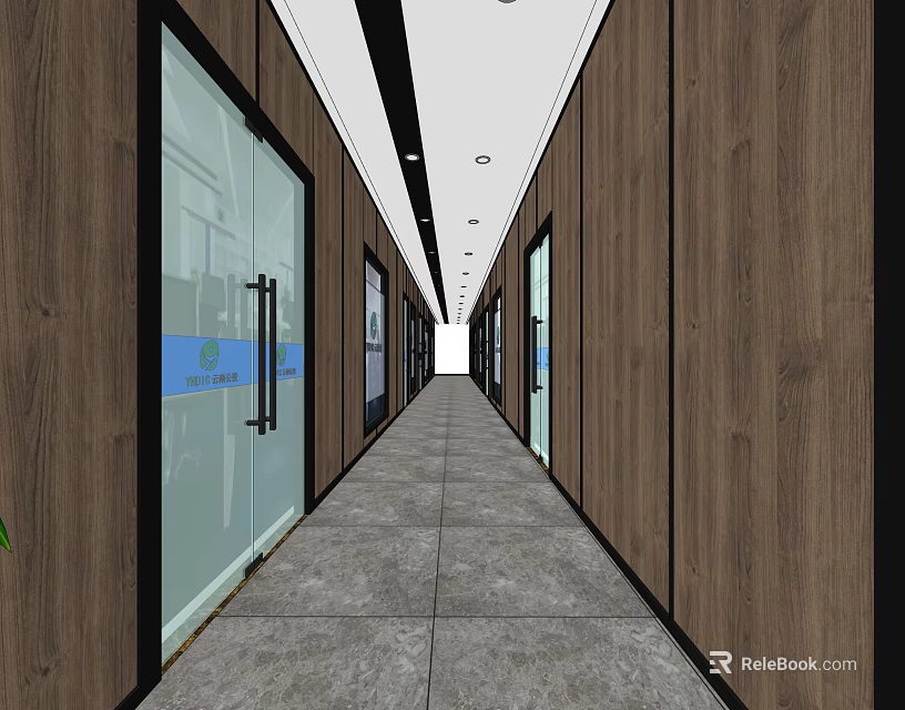 Modern Elevator Corridor With Wooden Walls Glass Doors Gray Floor And End Lighting 3d model 