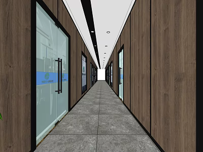 Modern Elevator Corridor With Wooden Walls Glass Doors Gray Floor And End Lighting 3d model
