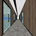 Modern Elevator Corridor With Wooden Walls Glass Doors Gray Floor And End Lighting