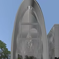 Modern Sales Office Building with Arched Glass Curtain Wall Chandelier and Adjacent Contemporary Glass Structures