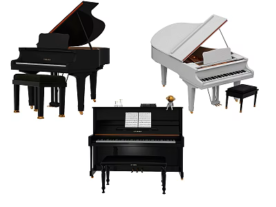 Musical Instruments And Art Supplies Featuring Grand Upright Pianos Stools And Music Sheets 3d model