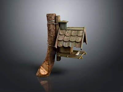 Wooden Birdhouse Mounted On Tree Trunk With Shingle Roof And Feeding Platform 3d model