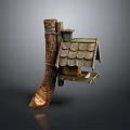 Wooden Birdhouse Mounted On Tree Trunk With Shingle Roof And Feeding Platform