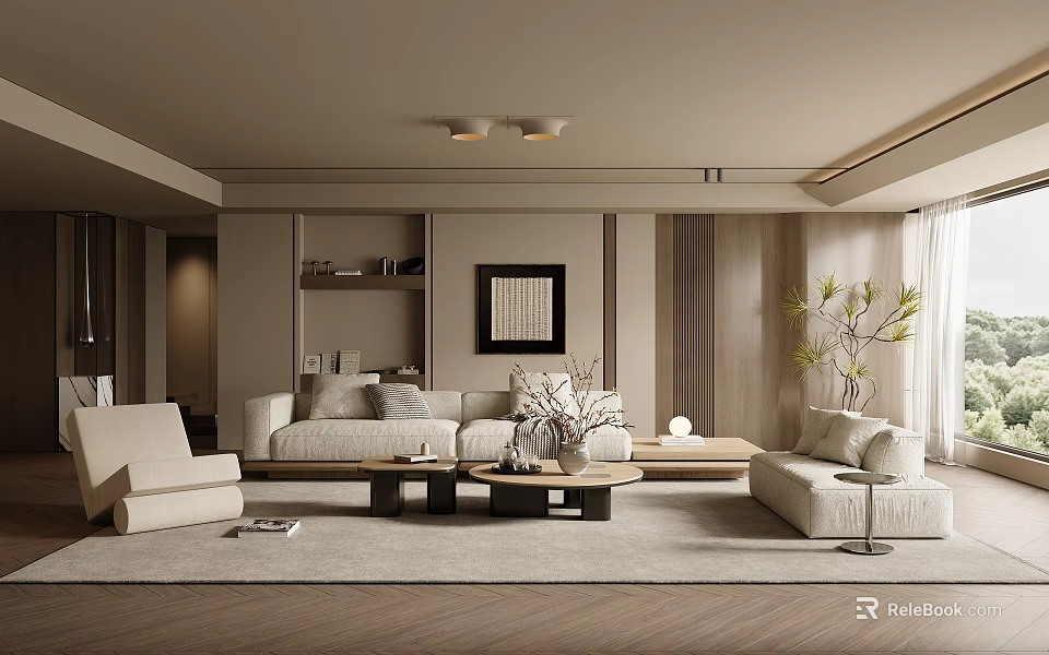 Modern Living Room With Neutral Tones Sofas Armchair And Decor 3d model