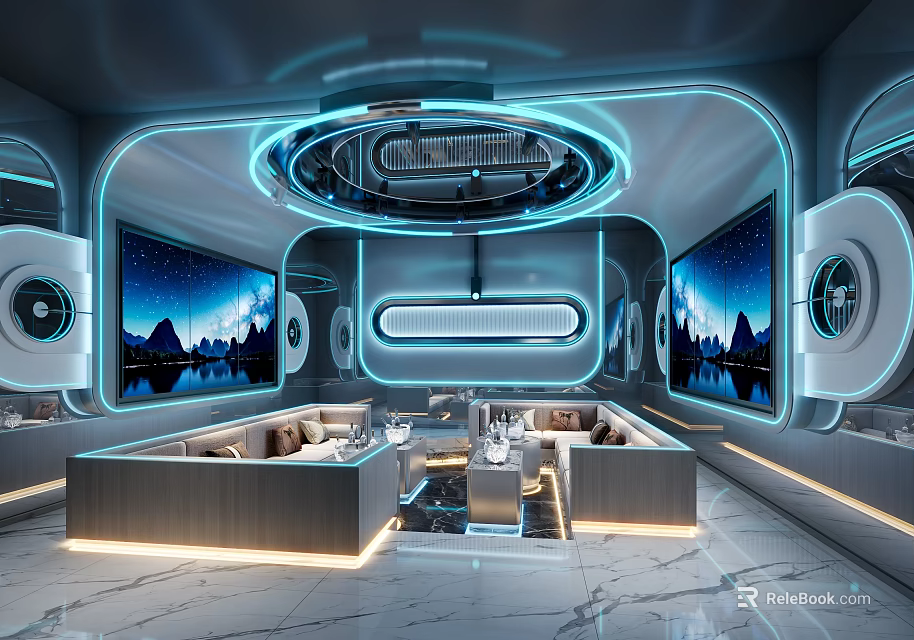 Modern Futuristic KTV Interior With Blue Lighting Large Screens Sofas And Marble Flooring 3d model 