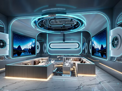 Modern Futuristic KTV Interior With Blue Lighting Large Screens Sofas And Marble Flooring 3d model
