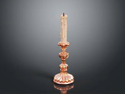 Ornate Copper Candlestick With White Taper Candle And Carved Base 3d model