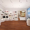 Accessories Store Interior with Display Shelves Round Showcases Wooden Floors and White Walls