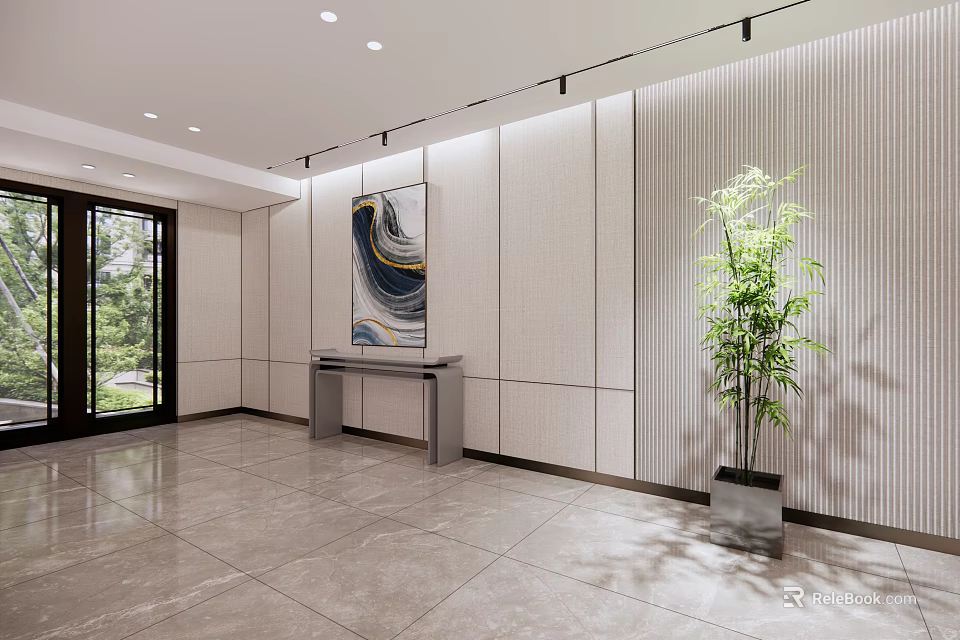 Elegant Modern Front Desk Reception Area with Marble Floor Striped Wall Green Plant and Artwork 3d model 