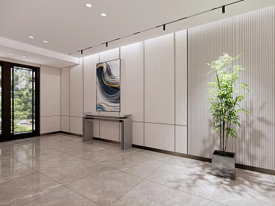 Elegant Modern Front Desk Reception Area with Marble Floor Striped Wall Green Plant and Artwork 3d model