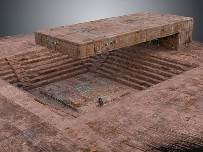 Ancient Archaeological Ruins With Square Sunken Area Stone Steps Suspended Platform And Human Figure 3d model