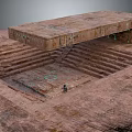 Ancient Archaeological Ruins With Square Sunken Area Stone Steps Suspended Platform And Human Figure
