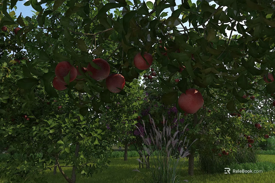 Lush Apple Trees With Red Fruits Green Leaves And Grassy Field With Flowers 3d model 